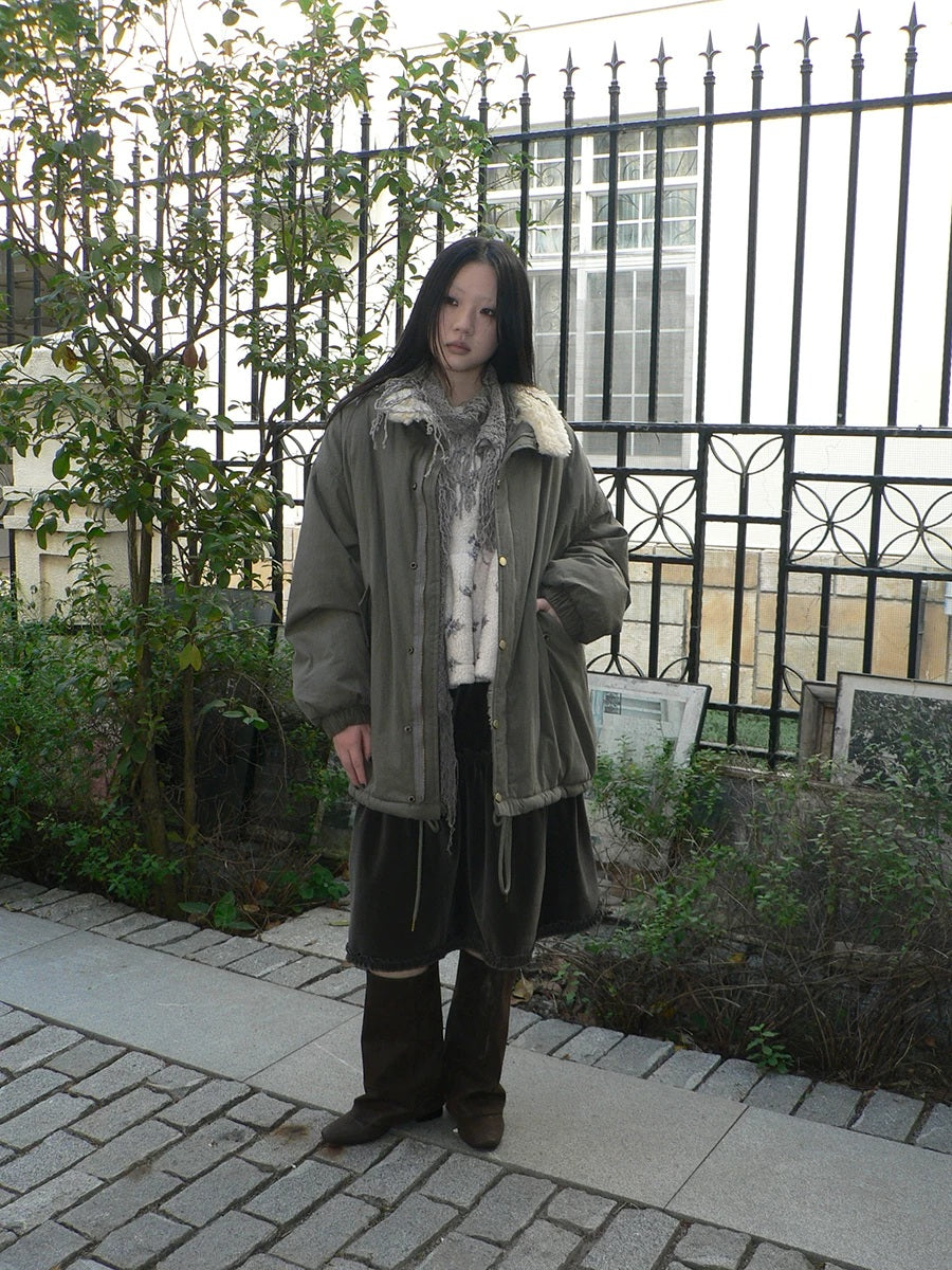 ang project Insulated Thick Loose Retro Commuter Lapel Buttons Green Puffer Jacket