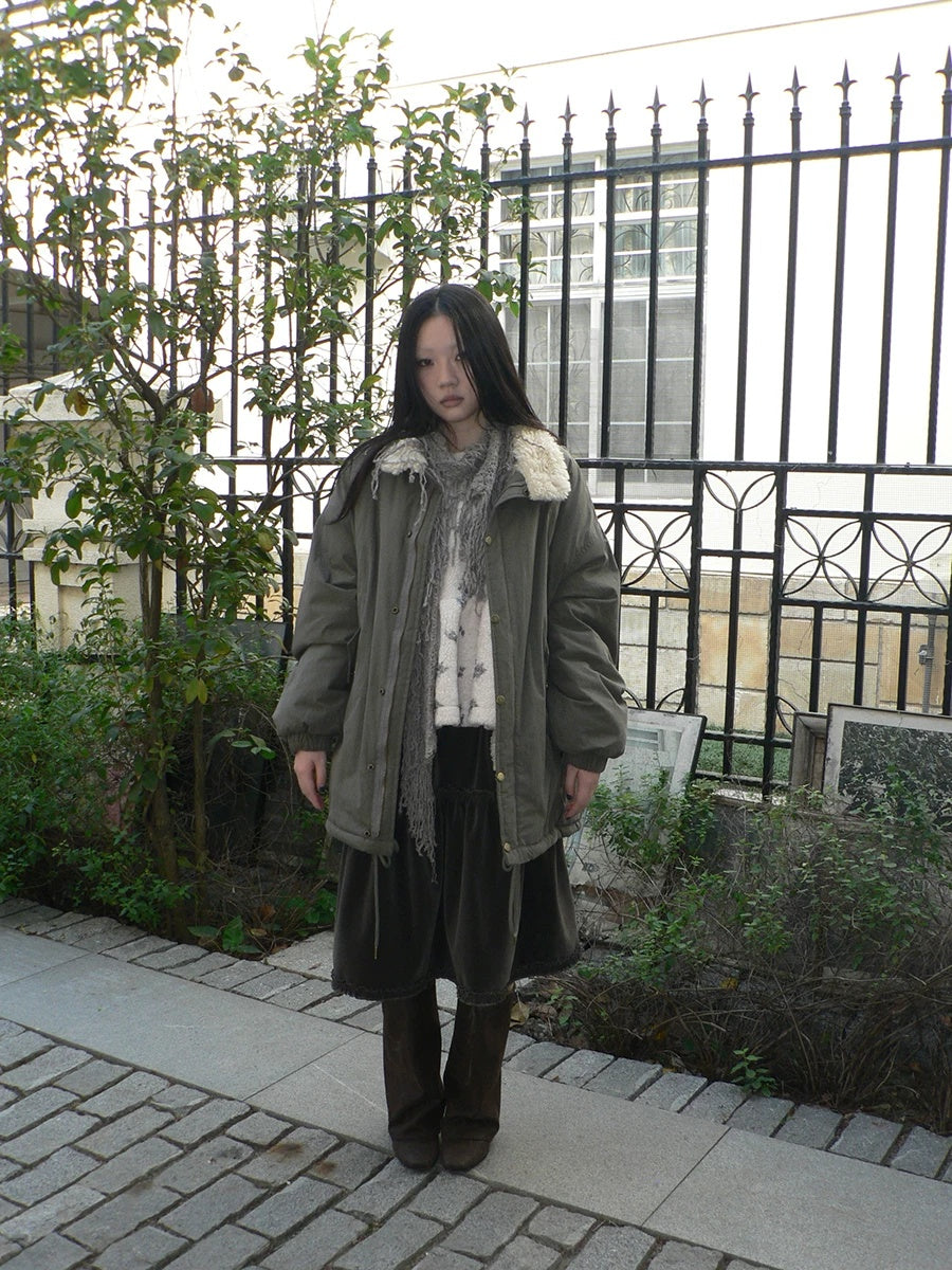 ang project Insulated Thick Loose Retro Commuter Lapel Buttons Green Puffer Jacket