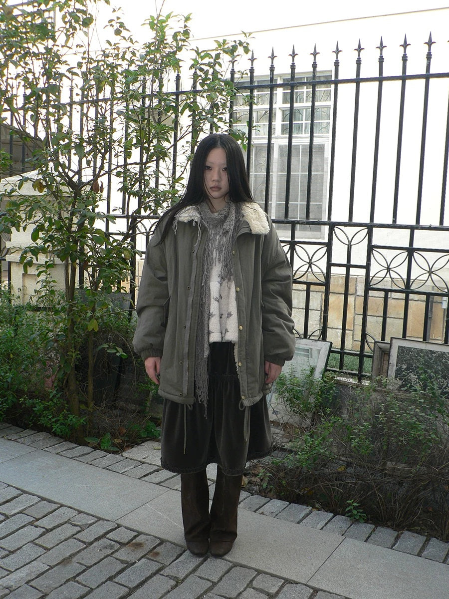 ang project Insulated Thick Loose Retro Commuter Lapel Buttons Green Puffer Jacket