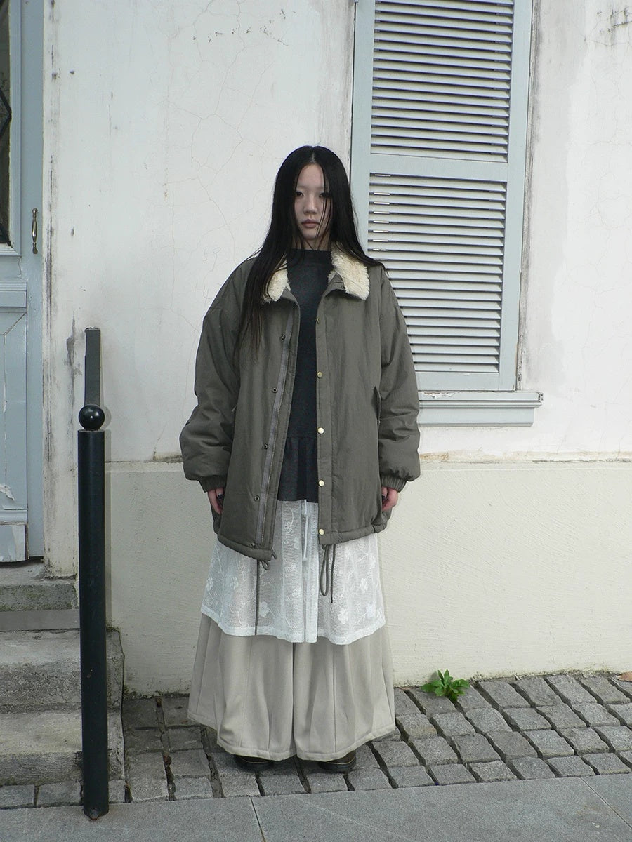 ang project Insulated Thick Loose Retro Commuter Lapel Buttons Green Puffer Jacket