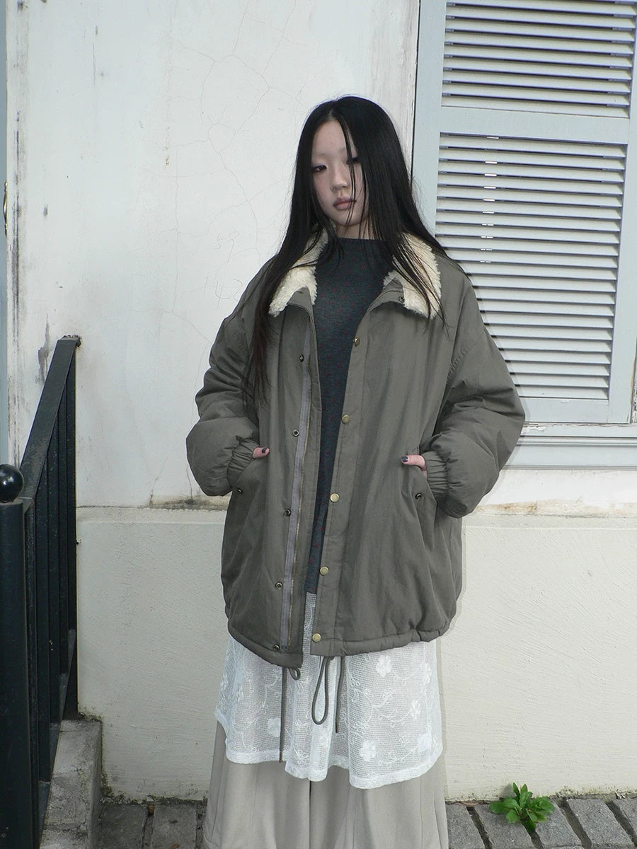 ang project Insulated Thick Loose Retro Commuter Lapel Buttons Green Puffer Jacket