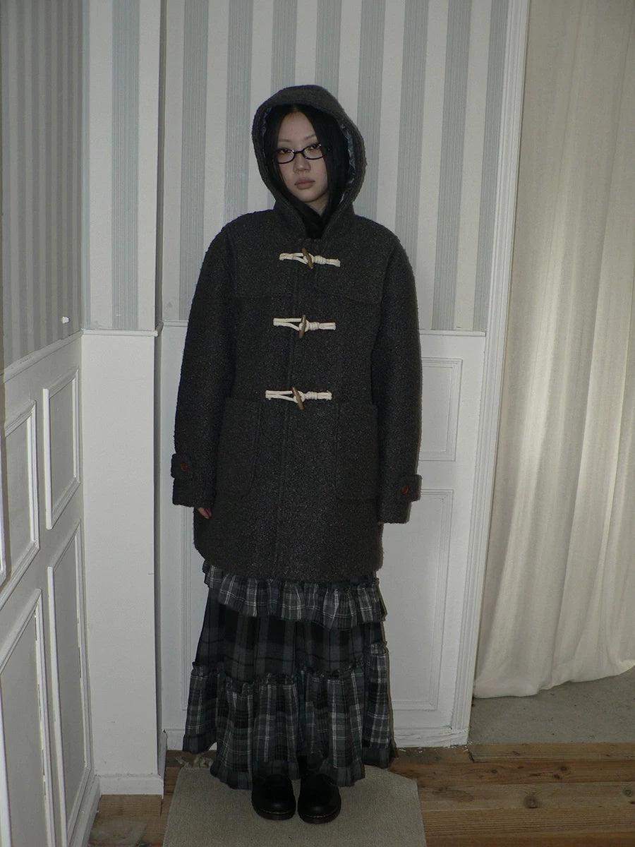 ang project Insulated Vintage Commuter Loose Hooded Midlength Women Toggle Pocket Gray Coat