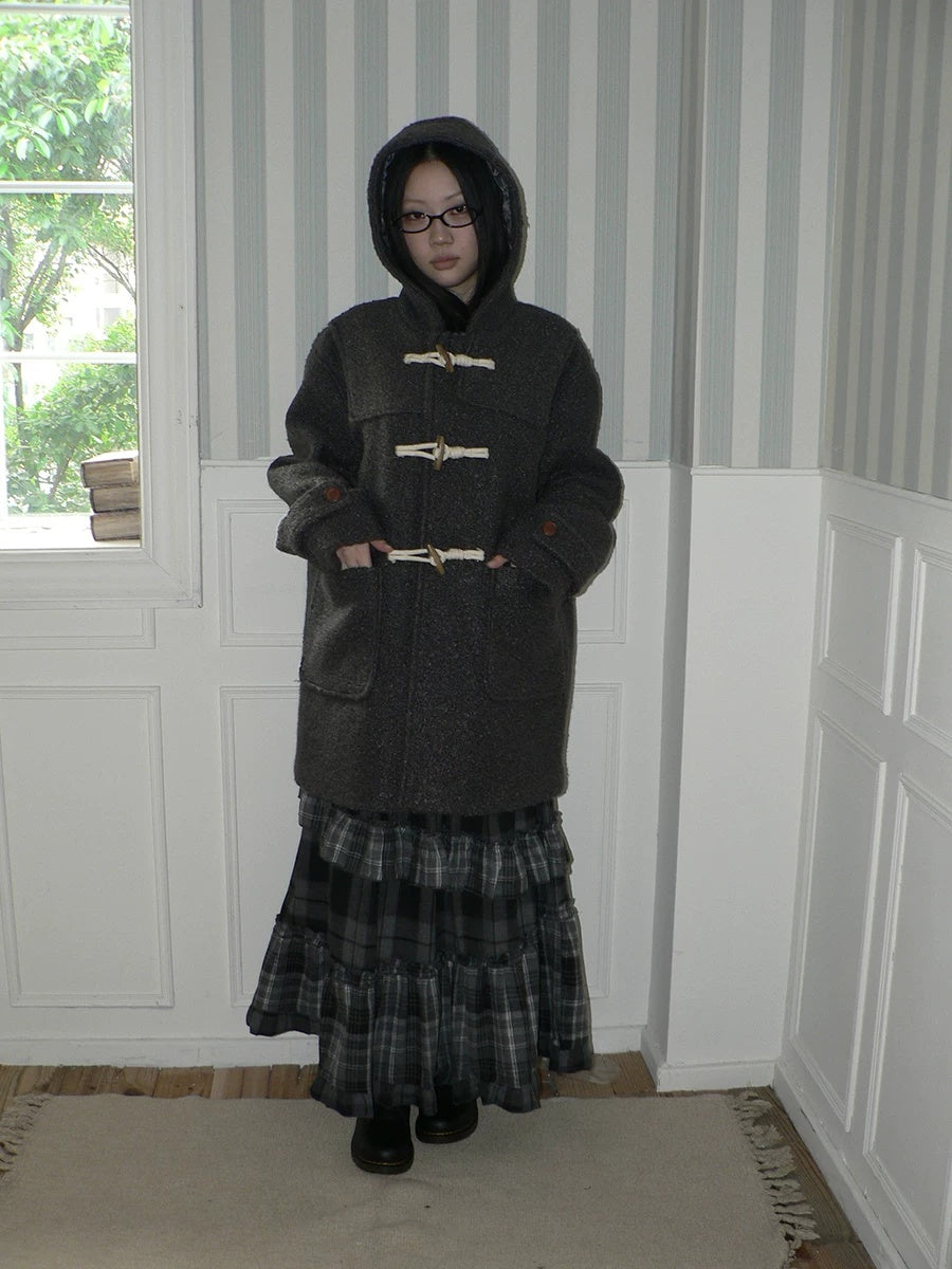 ang project Insulated Vintage Commuter Loose Hooded Midlength Women Toggle Pocket Gray Coat