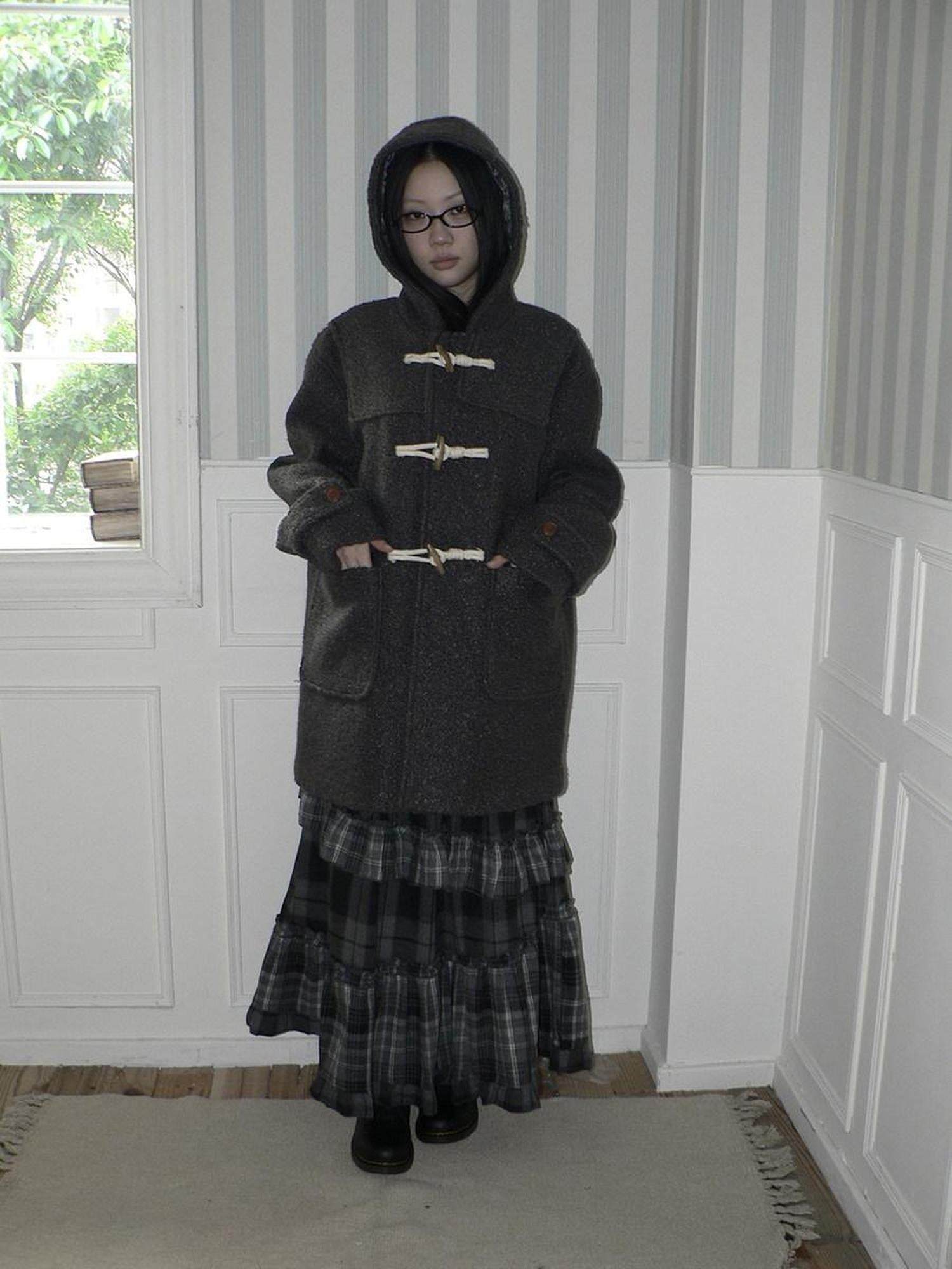 ang project Insulated Vintage Commuter Loose Hooded Midlength Women Toggle Pocket Gray Coat