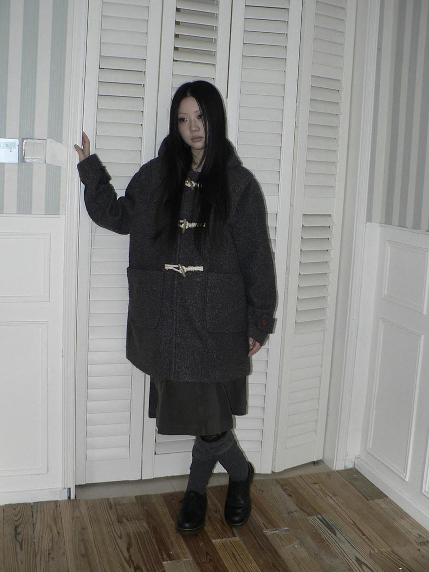 ang project Insulated Vintage Commuter Loose Hooded Midlength Women Toggle Pocket Gray Coat