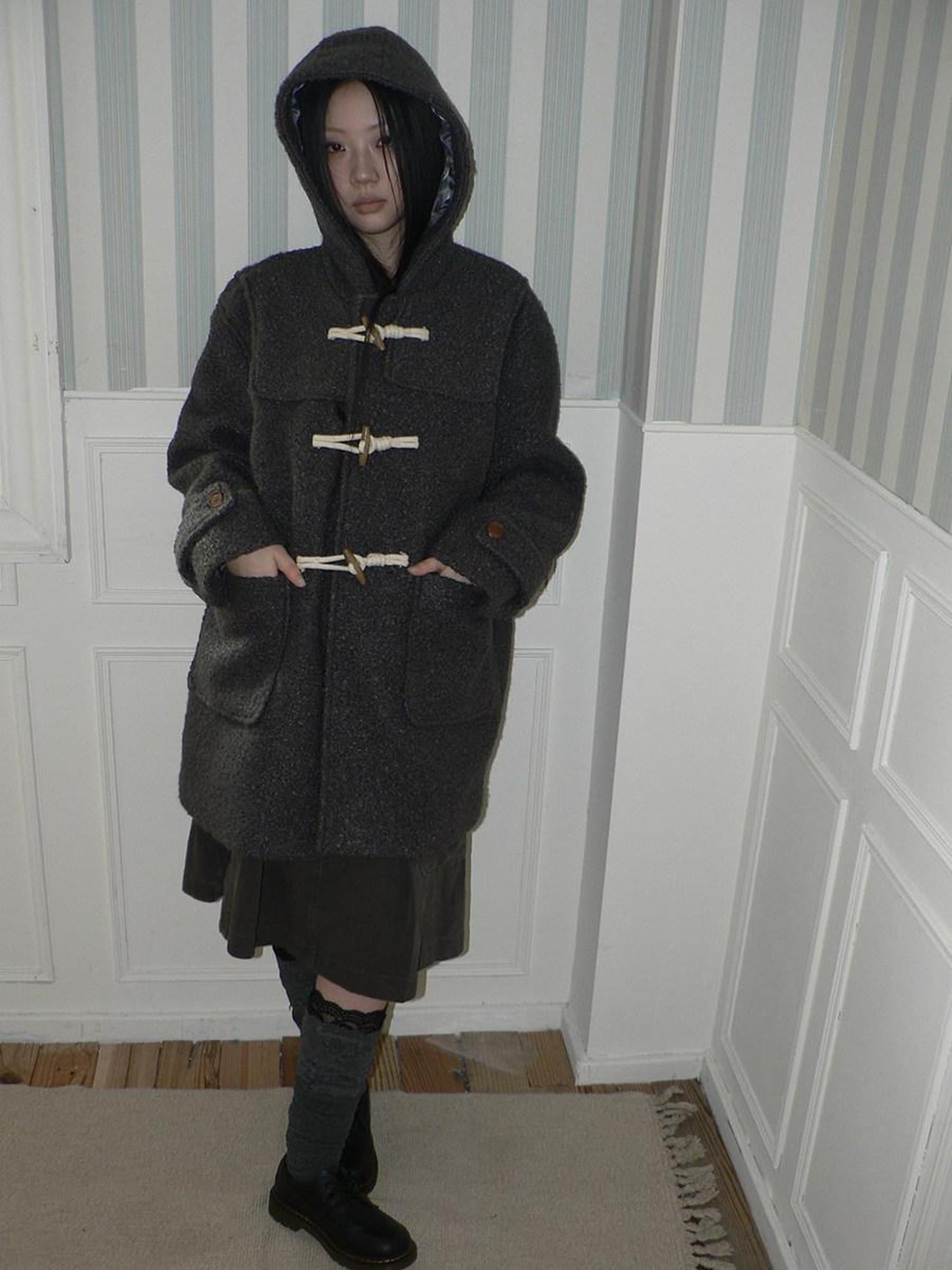 ang project Insulated Vintage Commuter Loose Hooded Midlength Women Toggle Pocket Gray Coat