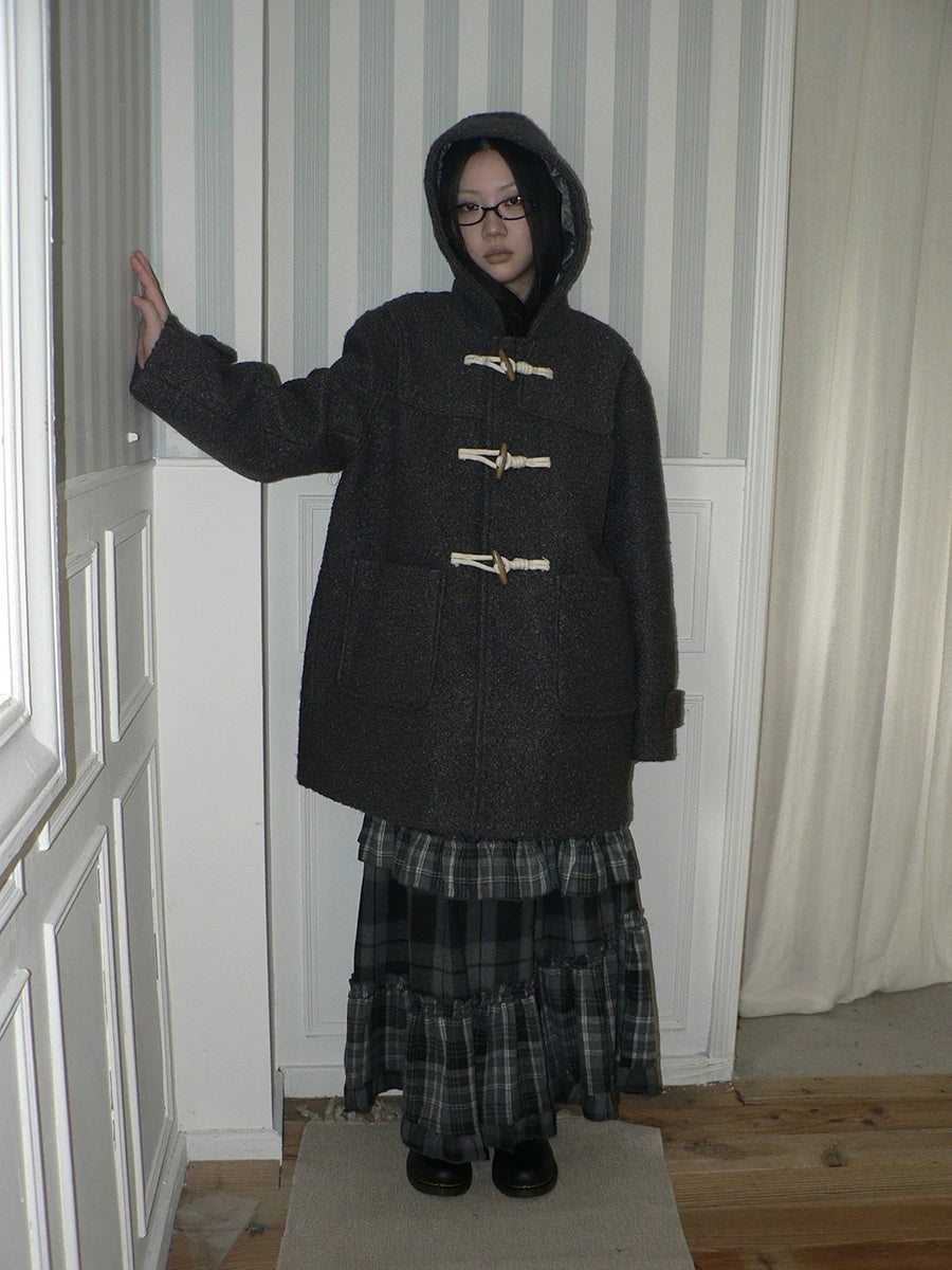 ang project Insulated Vintage Commuter Loose Hooded Midlength Women Toggle Pocket Gray Coat