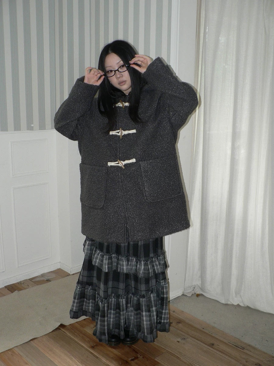 ang project Insulated Vintage Commuter Loose Hooded Midlength Women Toggle Pocket Gray Coat
