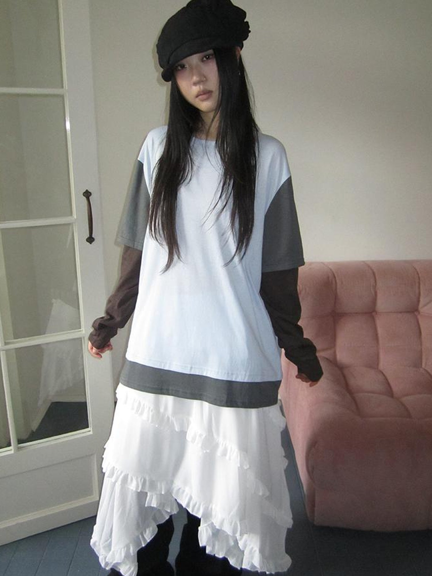 Updateang project Japanese Style Color Block Drop Shoulder Long Sleeve T-shirt