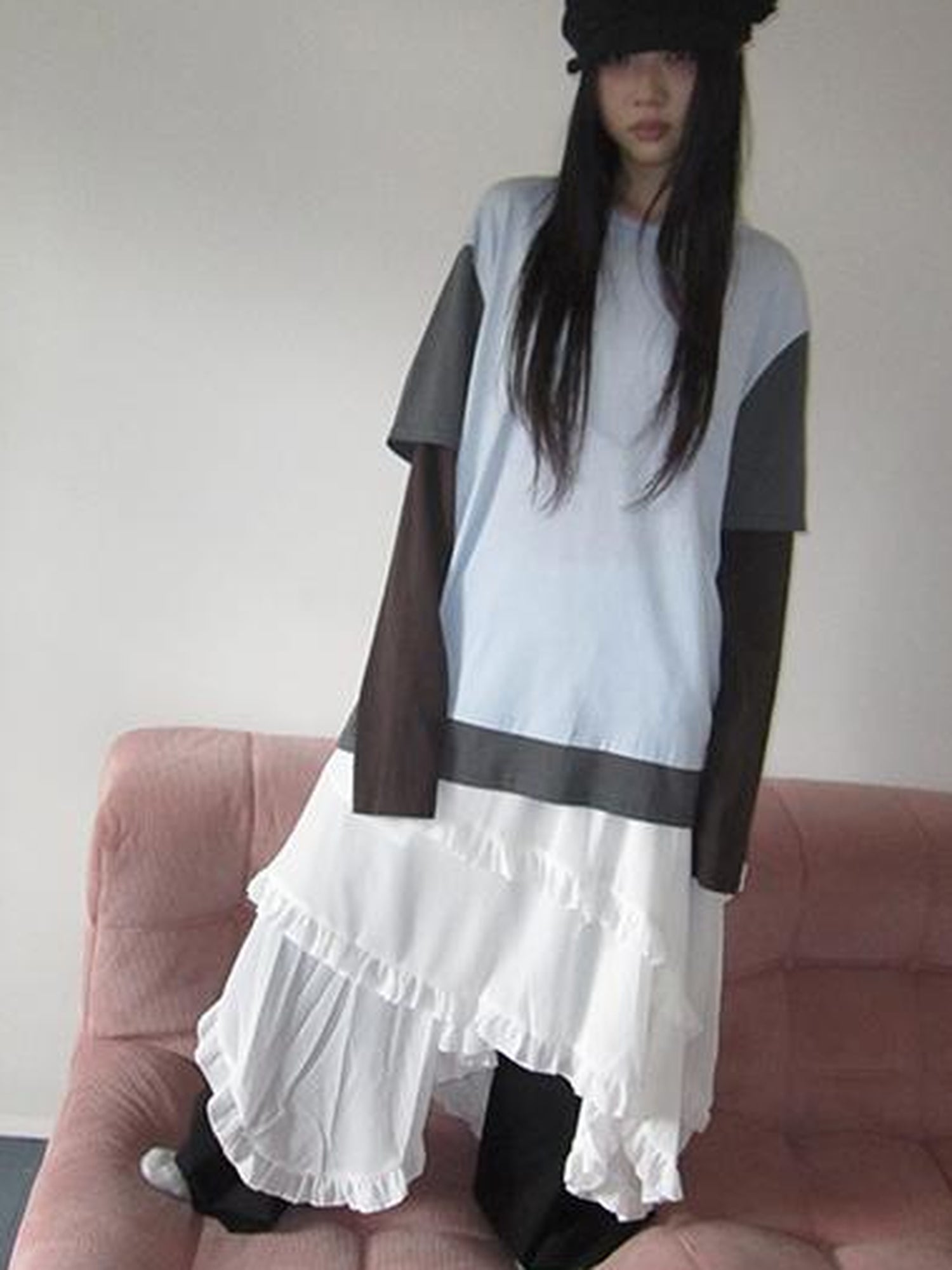 Updateang project Japanese Style Color Block Drop Shoulder Long Sleeve T-shirt