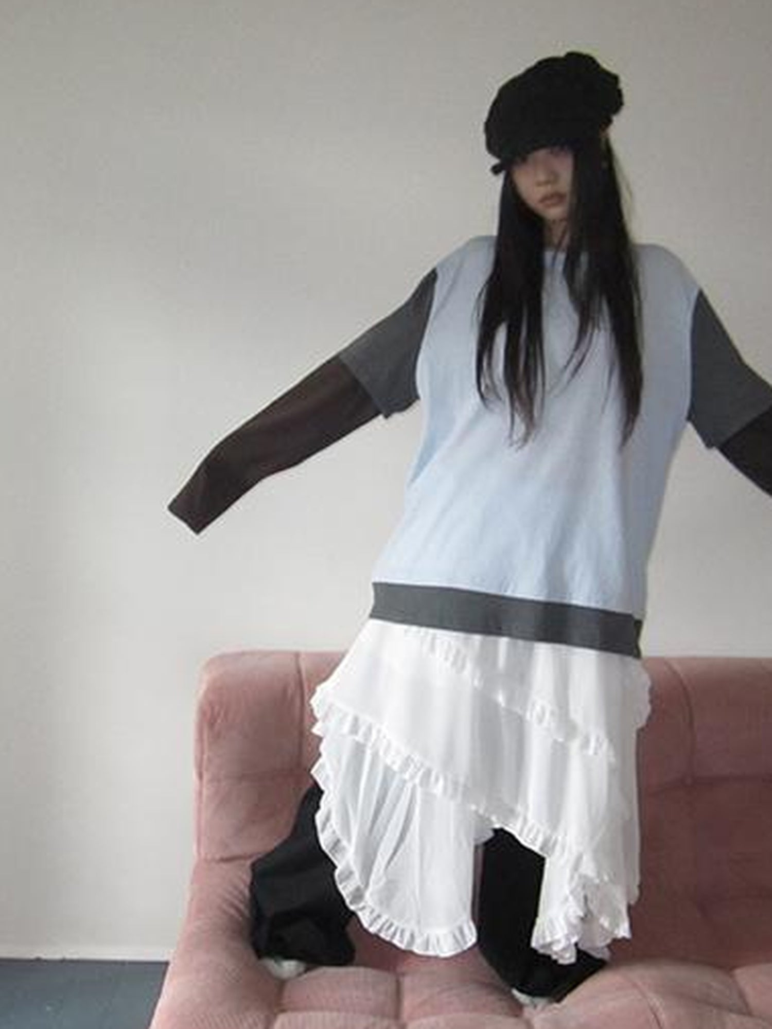 Updateang project Japanese Style Color Block Drop Shoulder Long Sleeve T-shirt