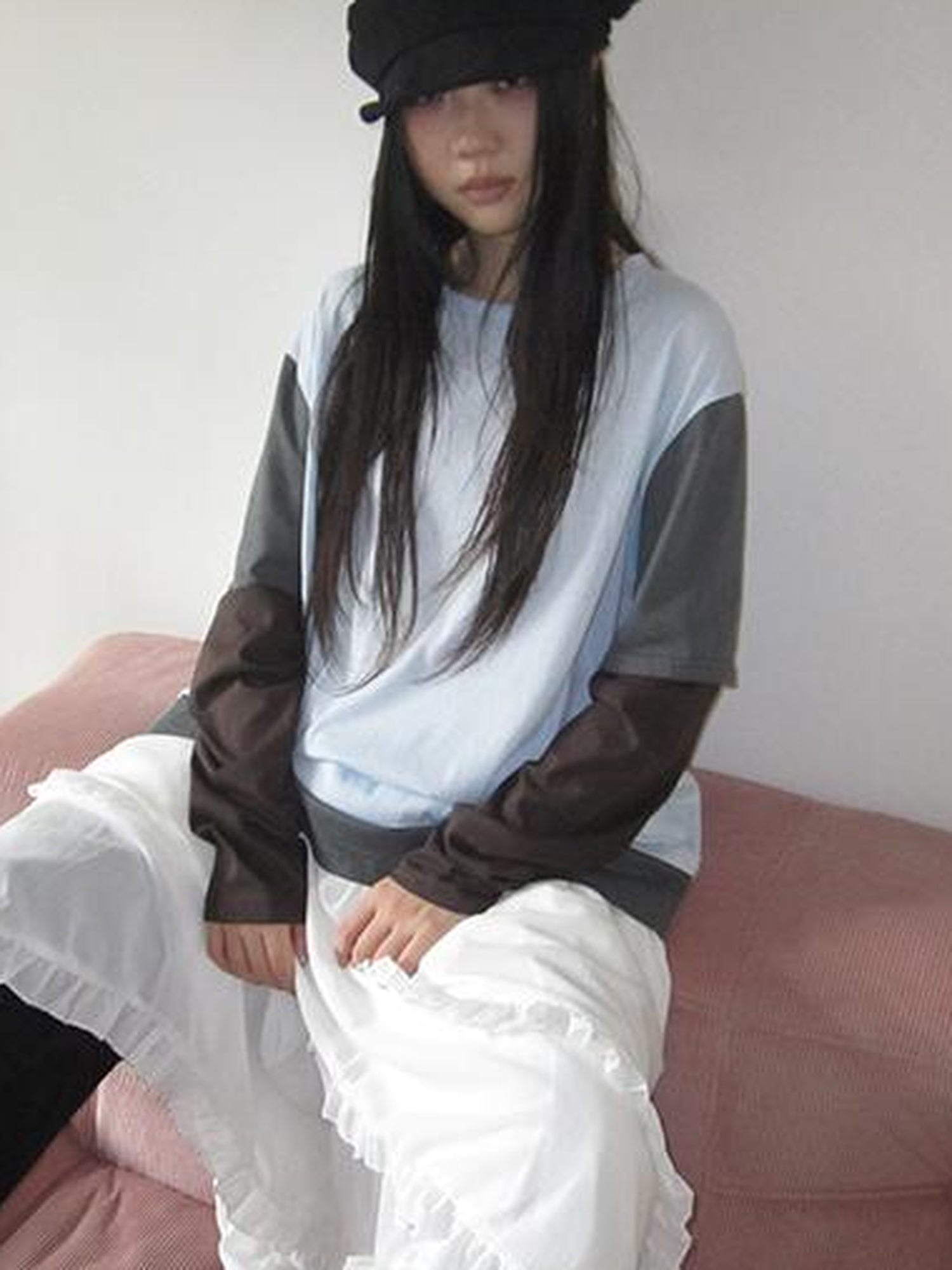 Updateang project Japanese Style Color Block Drop Shoulder Long Sleeve T-shirt