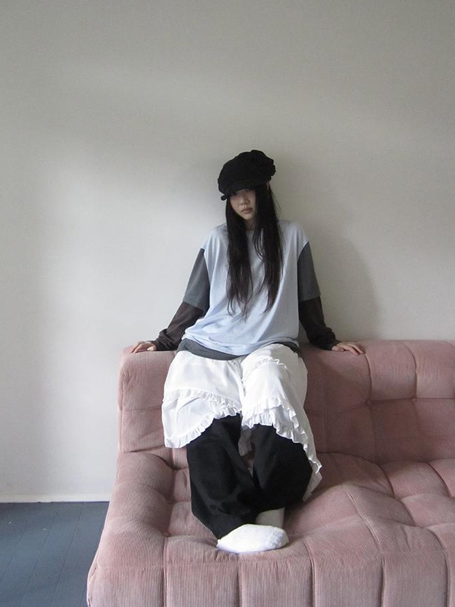 Updateang project Japanese Style Color Block Drop Shoulder Long Sleeve T-shirt
