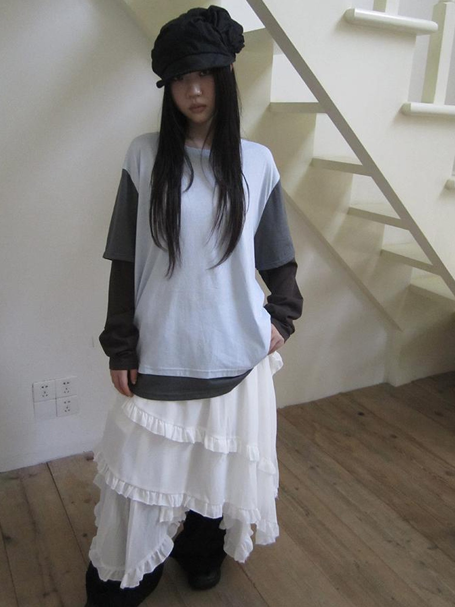 Updateang project Japanese Style Color Block Drop Shoulder Long Sleeve T-shirt
