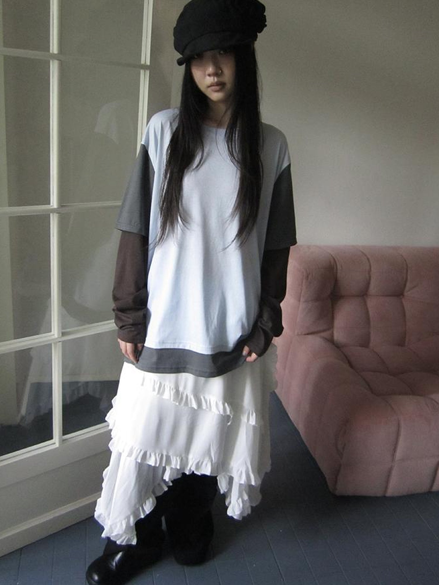 Updateang project Japanese Style Color Block Drop Shoulder Long Sleeve T-shirt
