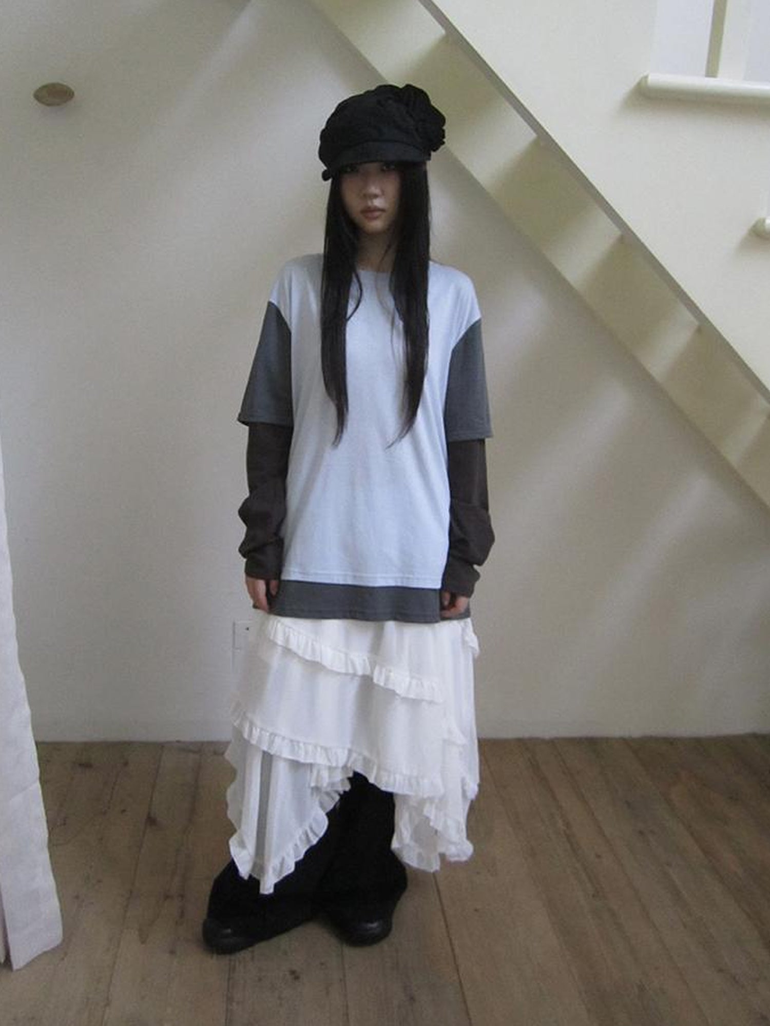 Updateang project Japanese Style Color Block Drop Shoulder Long Sleeve T-shirt