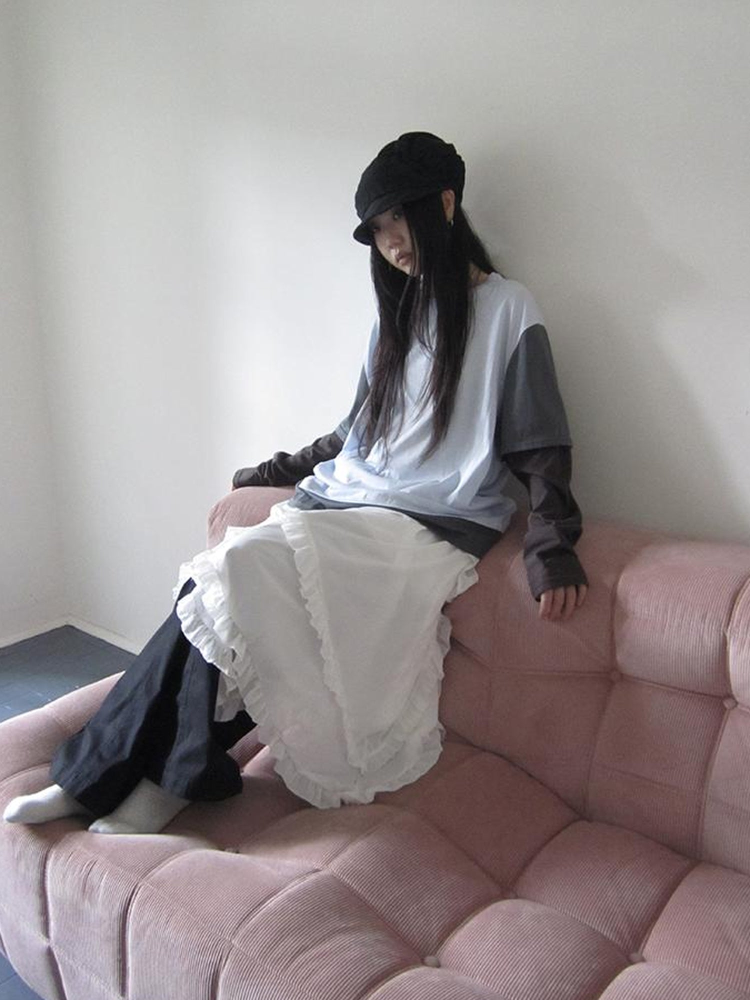 Updateang project Japanese Style Color Block Drop Shoulder Long Sleeve T-shirt
