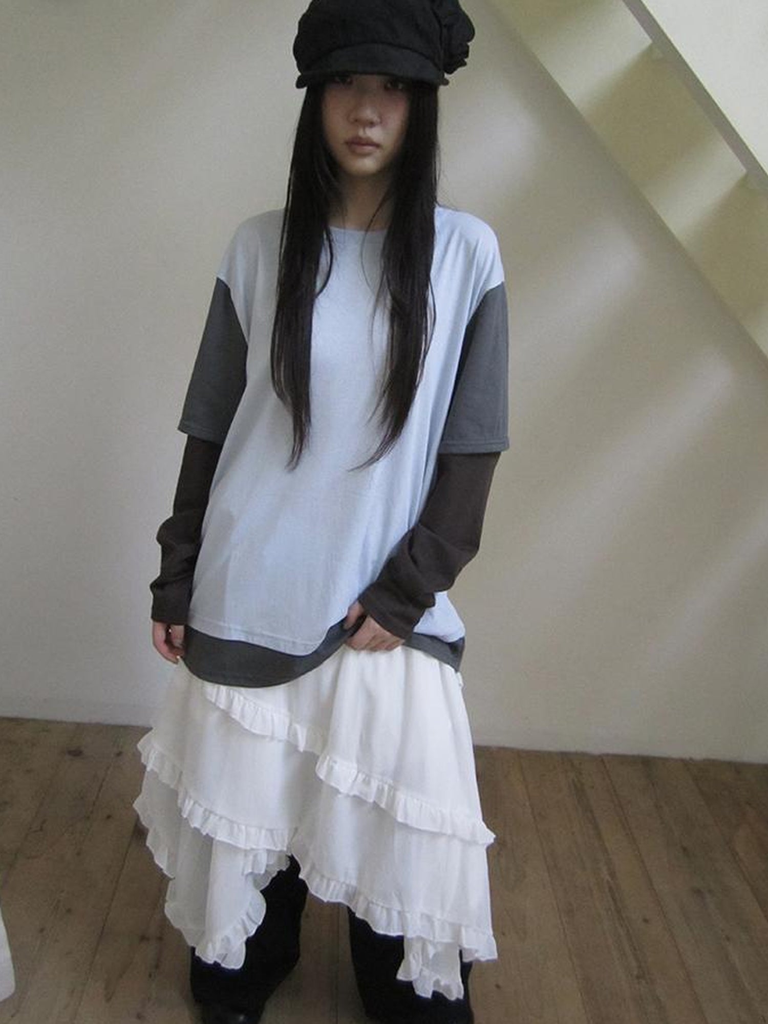 Updateang project Japanese Style Color Block Drop Shoulder Long Sleeve T-shirt
