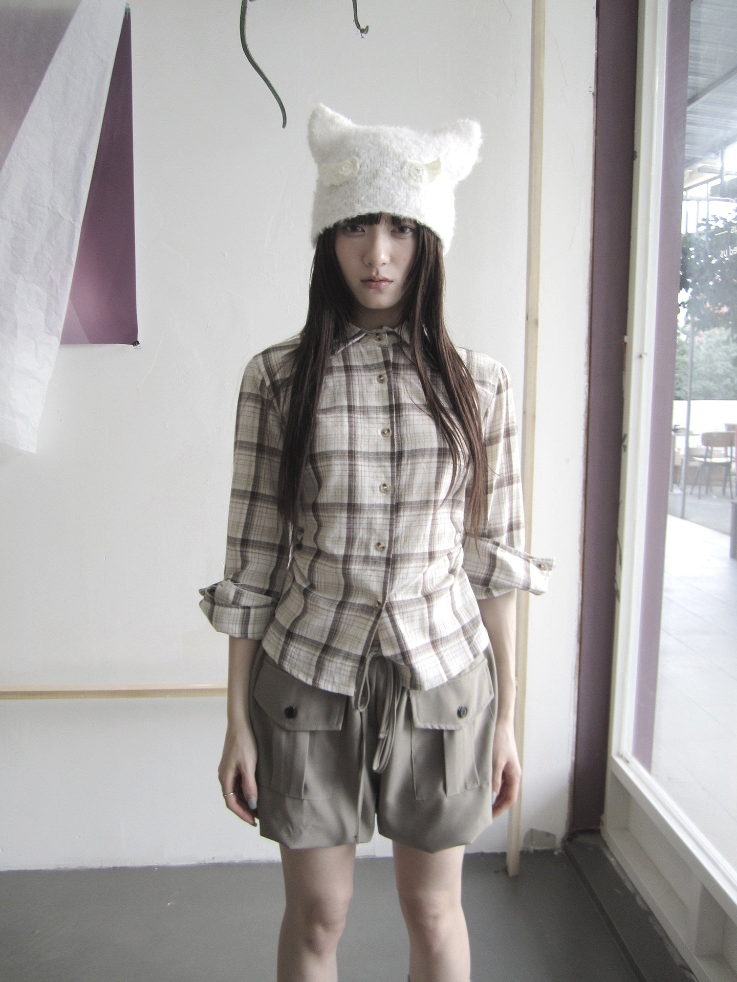 ang_project_Khaki_Plaid_Turn_Down_Collar_Cinched_Waist_Women&