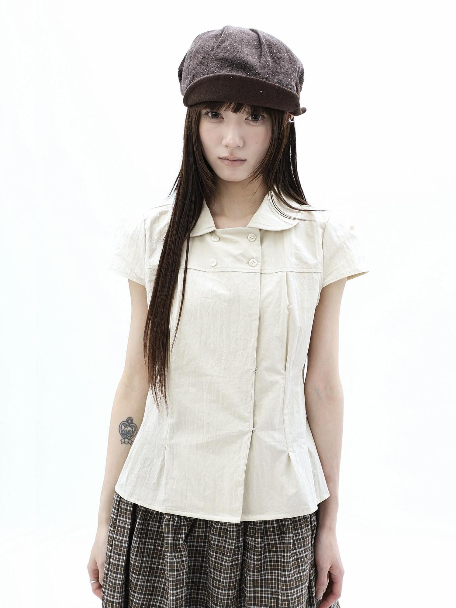 ang project Khaki Pleated Cinched Waist Double Breasted Collar Women&