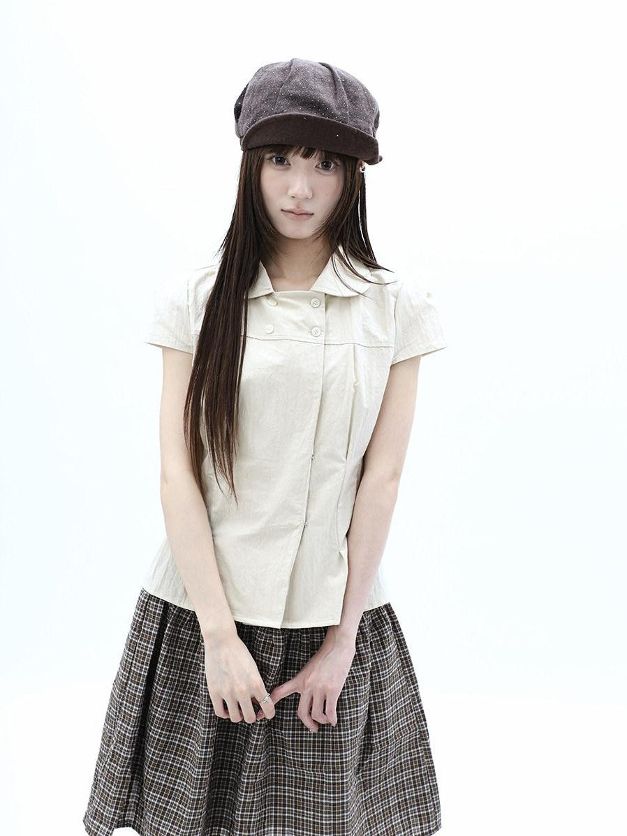 ang project Khaki Pleated Cinched Waist Double Breasted Collar Women&
