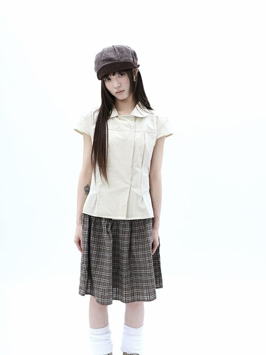 ang project Khaki Pleated Cinched Waist Double Breasted Collar Women&