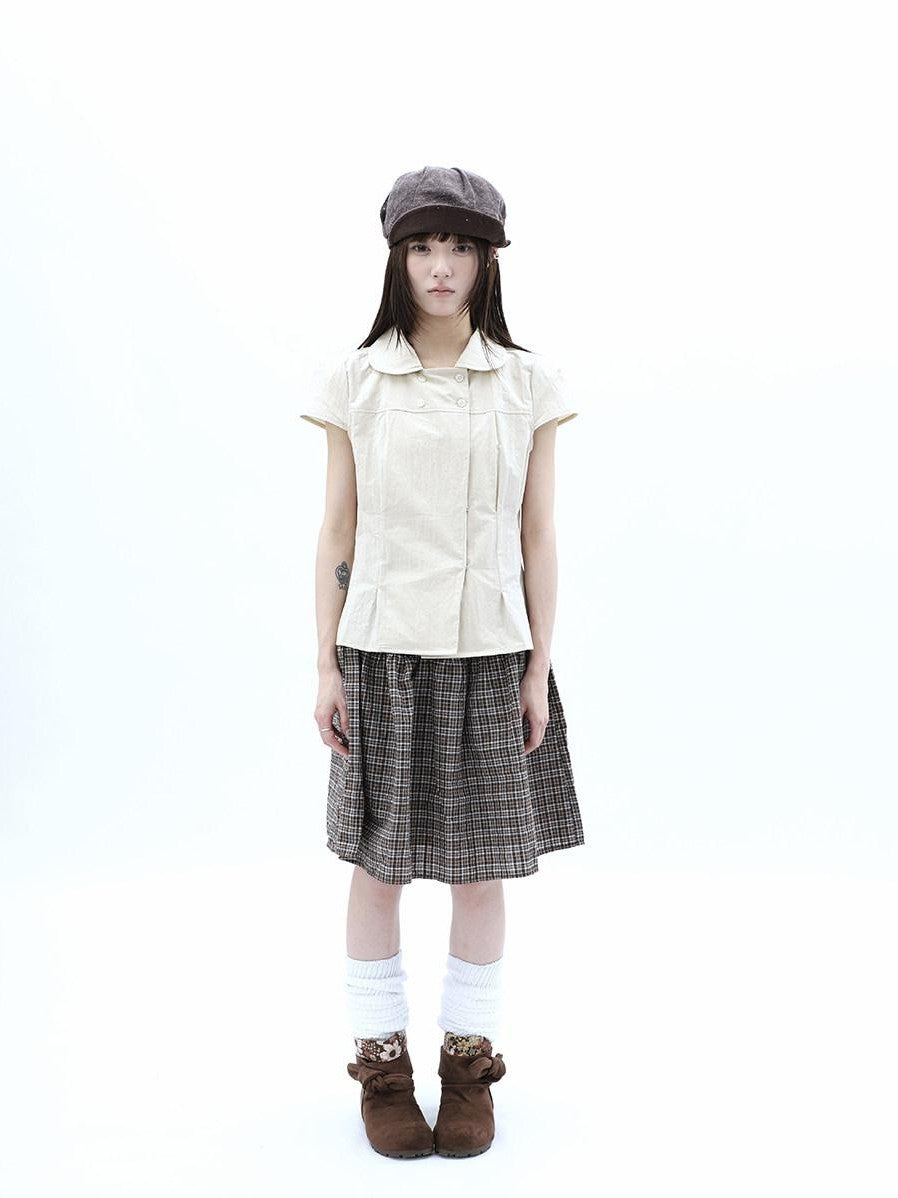 ang project Khaki Pleated Cinched Waist Double Breasted Collar Women&