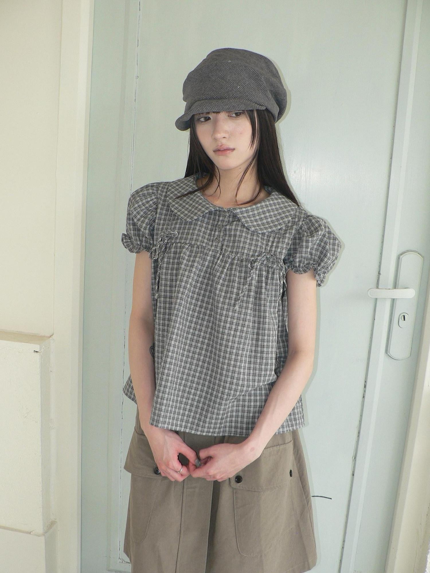 ang project Korean Doll Collar Bow Tie Plaid Puff Sleeve Buttons Women&