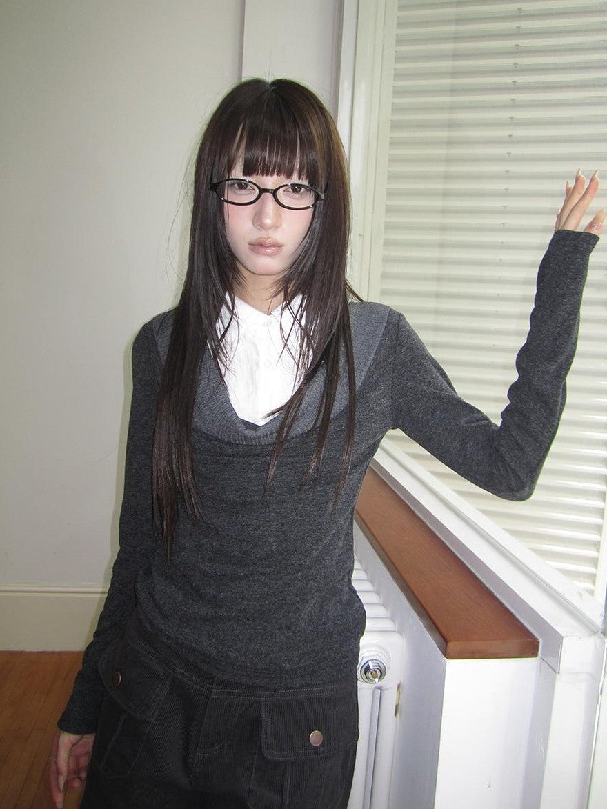 ang project Korean Faux Layered Draped Collar Button Long Sleeve Knit Women&