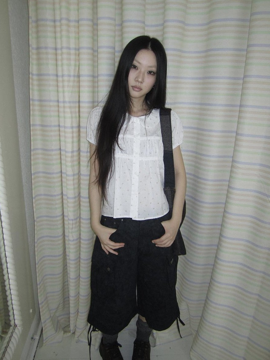 ang project Korean Floral Polka Dot Print Doll Collar Puff Sleeve Women&