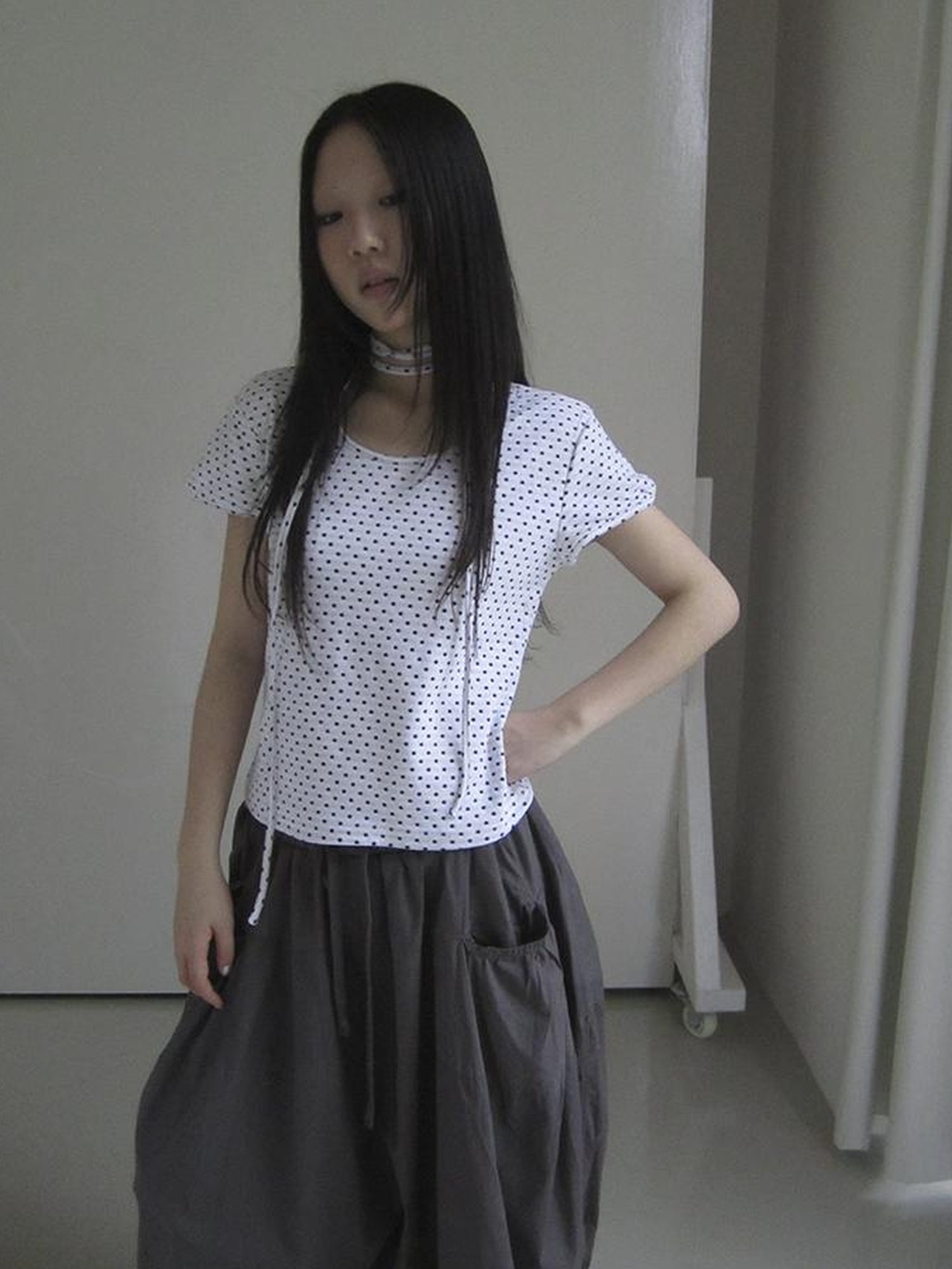 Updateang project Korean Inspired Dot Print Short Sleeve Tee With Scarf