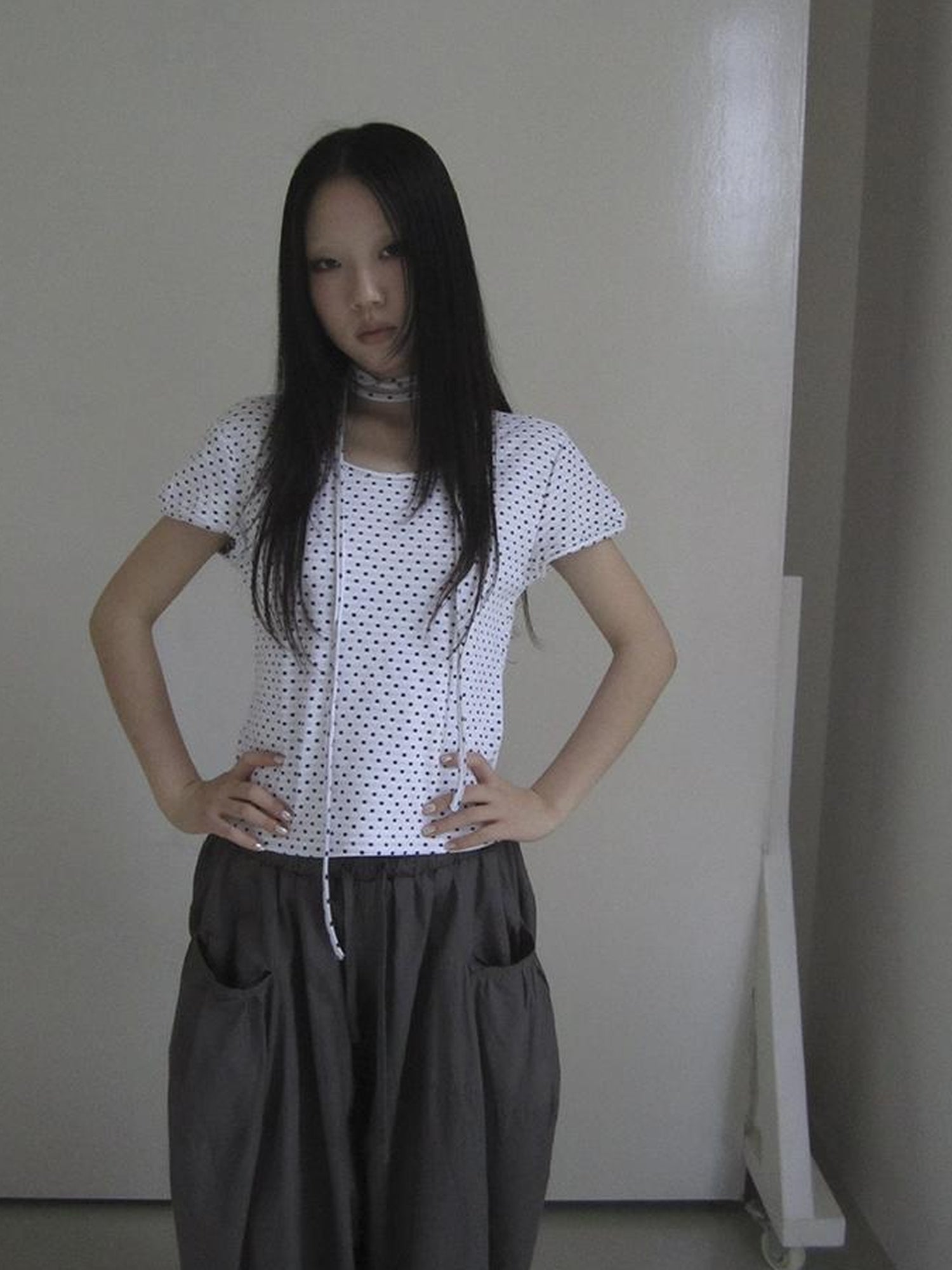 Updateang project Korean Inspired Dot Print Short Sleeve Tee With Scarf