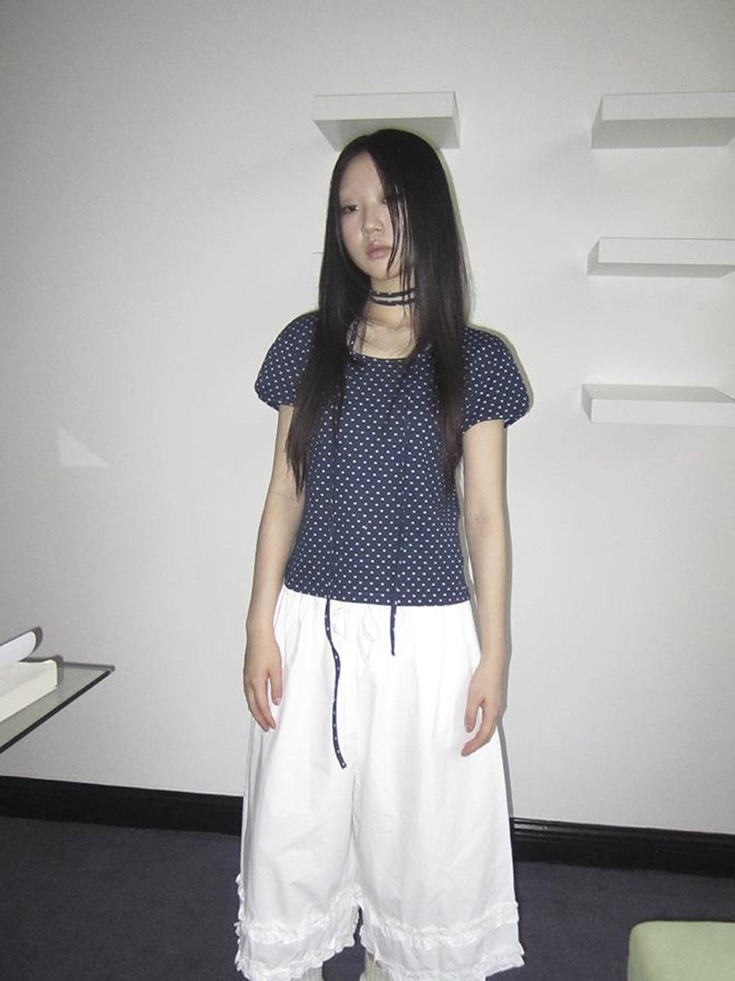 Updateang project Korean Inspired Dot Print Short Sleeve Tee With Scarf