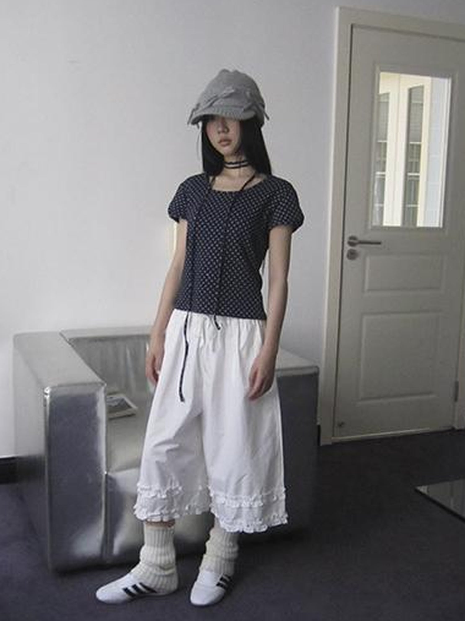 Updateang project Korean Inspired Dot Print Short Sleeve Tee With Scarf