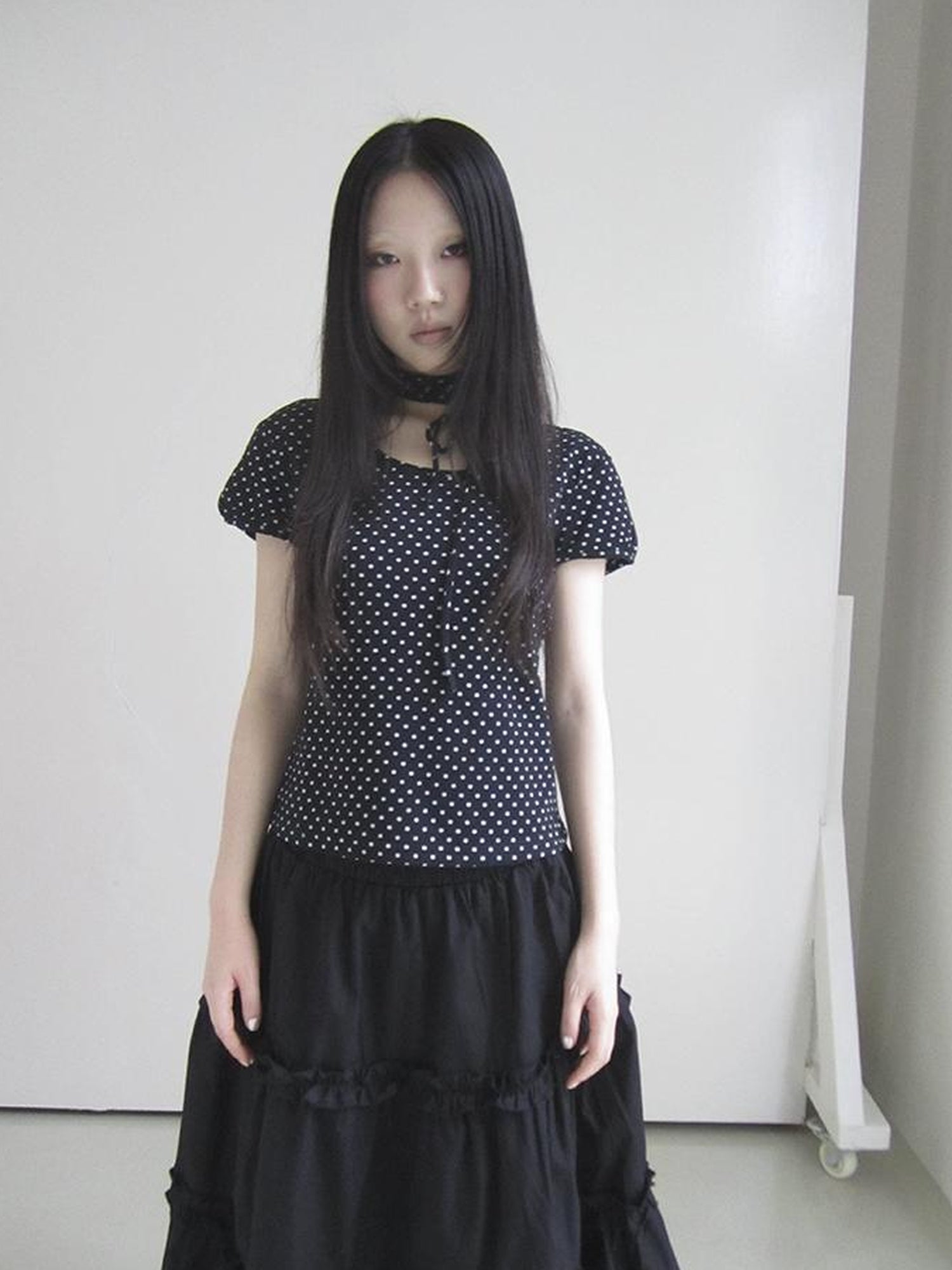 Updateang project Korean Inspired Dot Print Short Sleeve Tee With Scarf