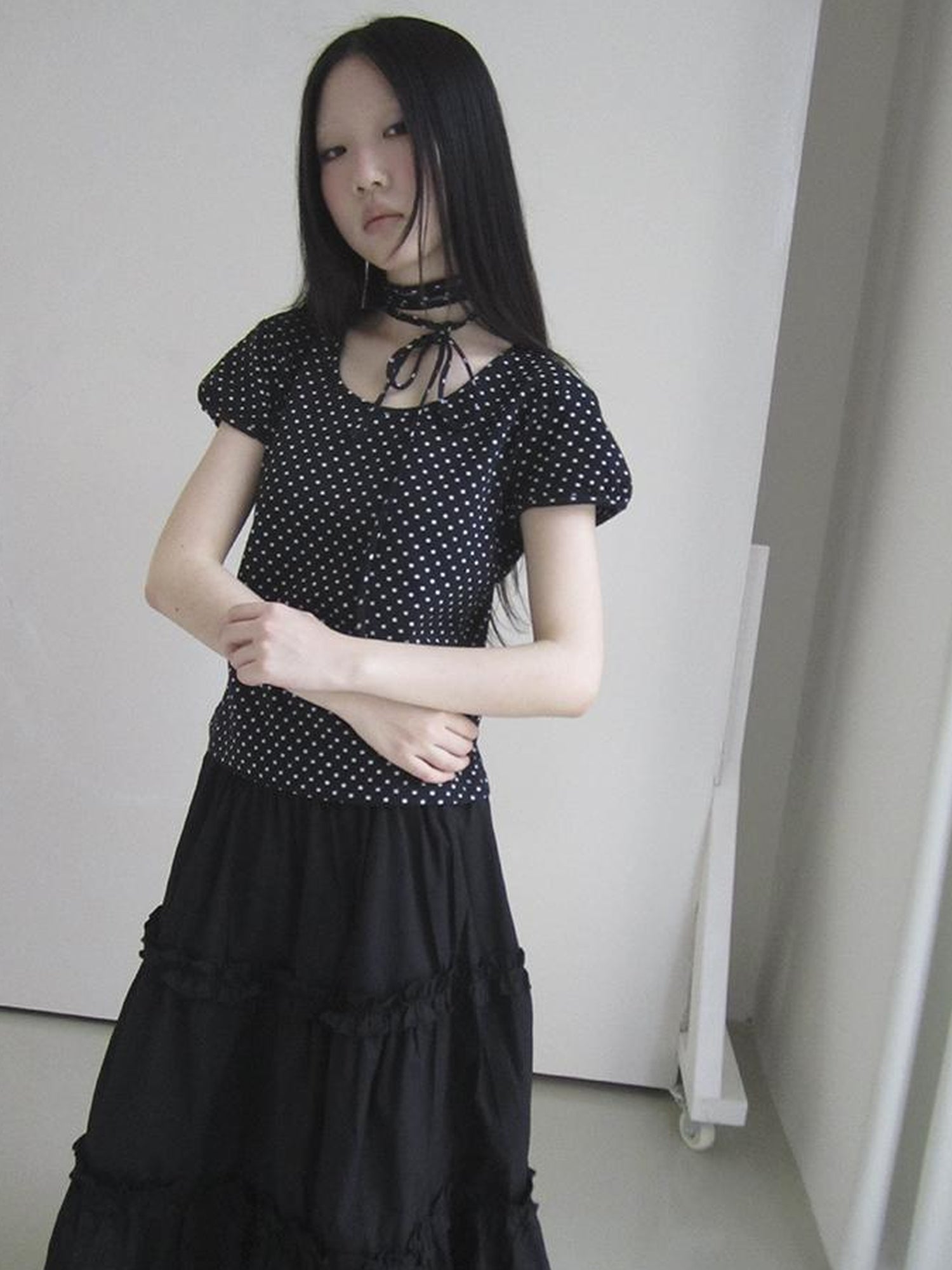 Updateang project Korean Inspired Dot Print Short Sleeve Tee With Scarf