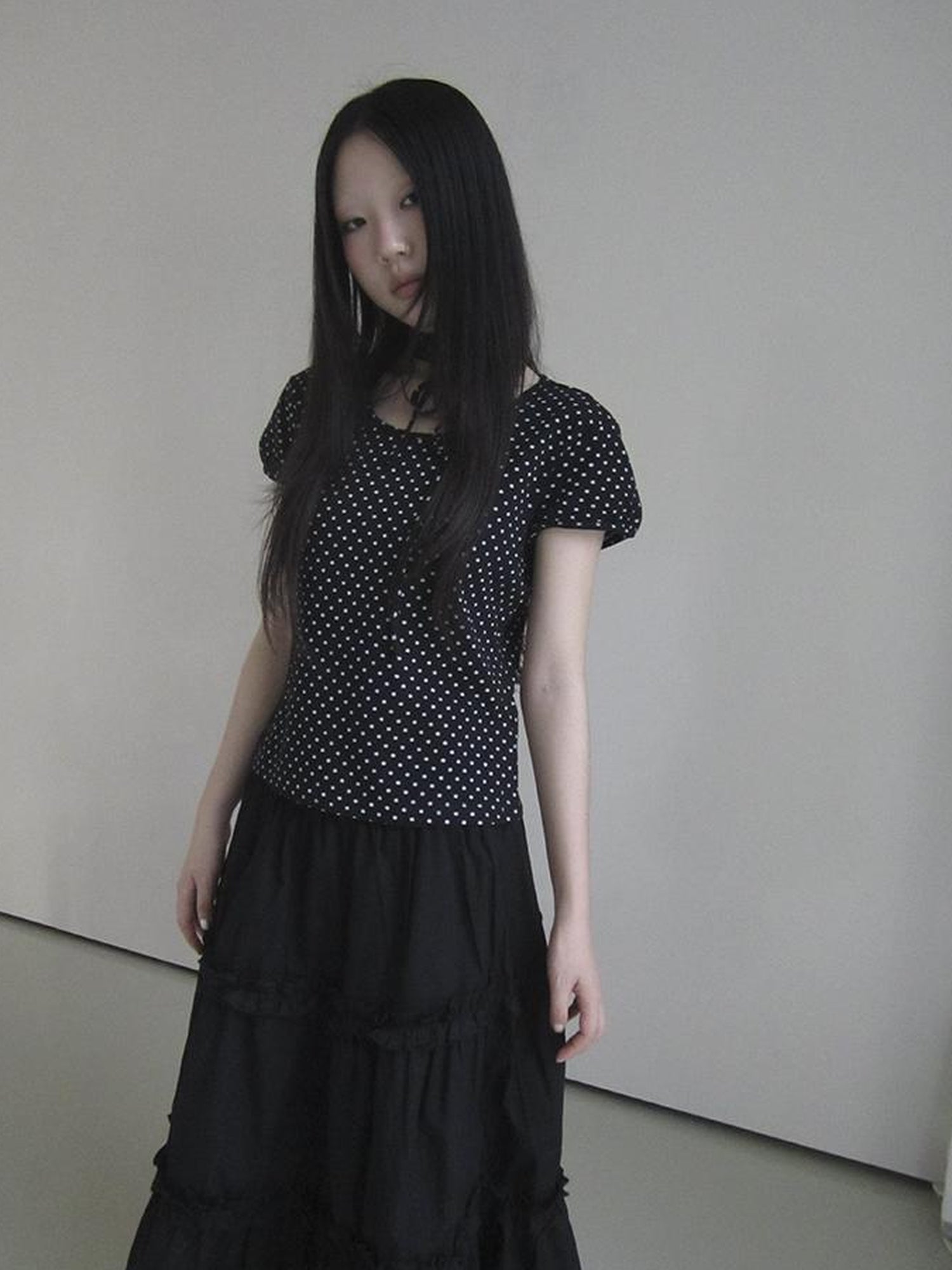Updateang project Korean Inspired Dot Print Short Sleeve Tee With Scarf