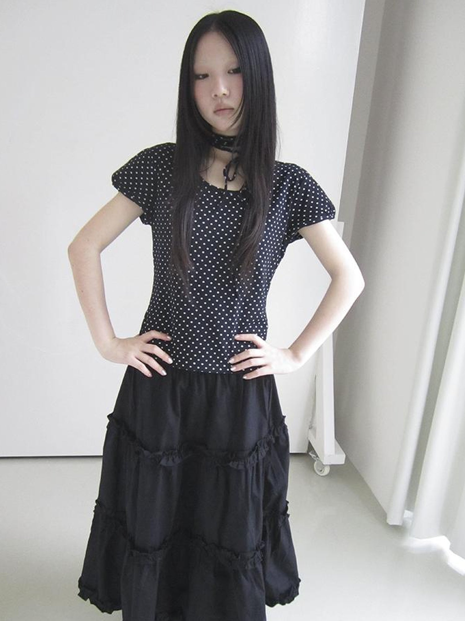 Updateang project Korean Inspired Dot Print Short Sleeve Tee With Scarf