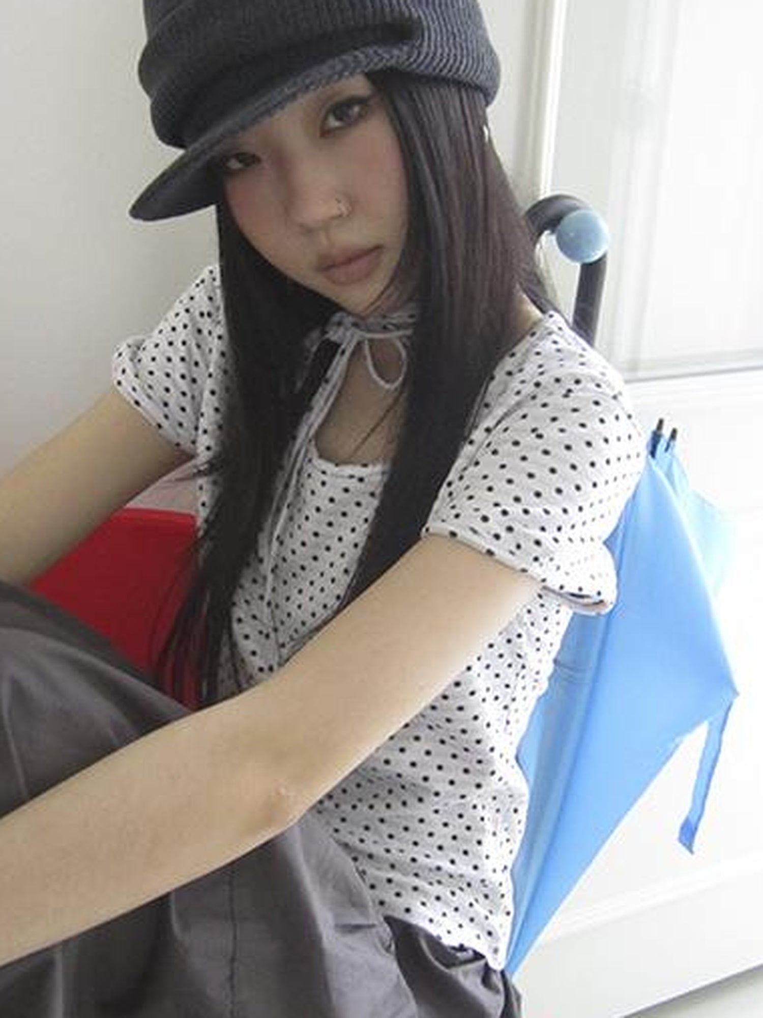 Updateang project Korean Inspired Dot Print Short Sleeve Tee With Scarf