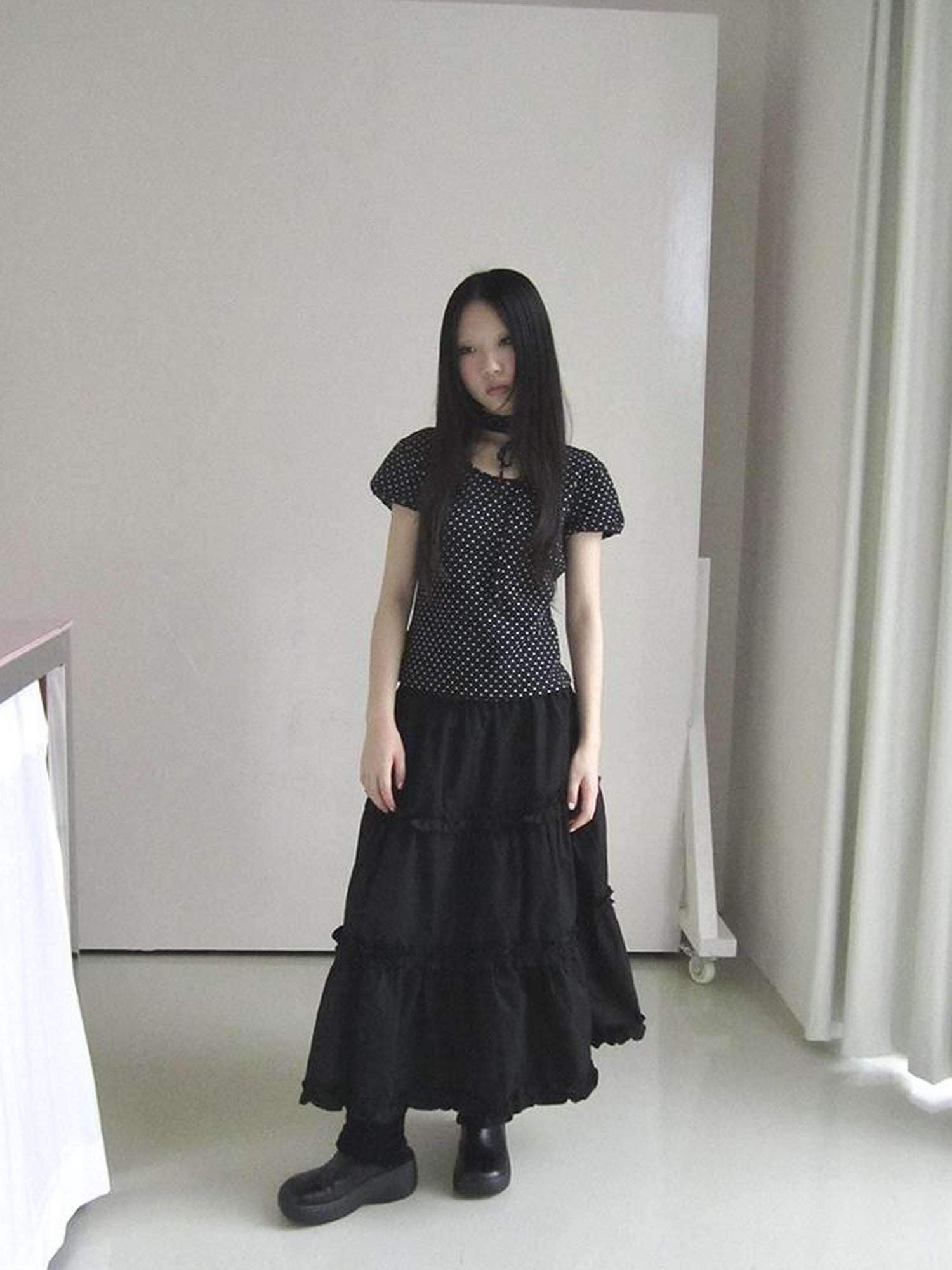Updateang project Korean Inspired Dot Print Short Sleeve Tee With Scarf