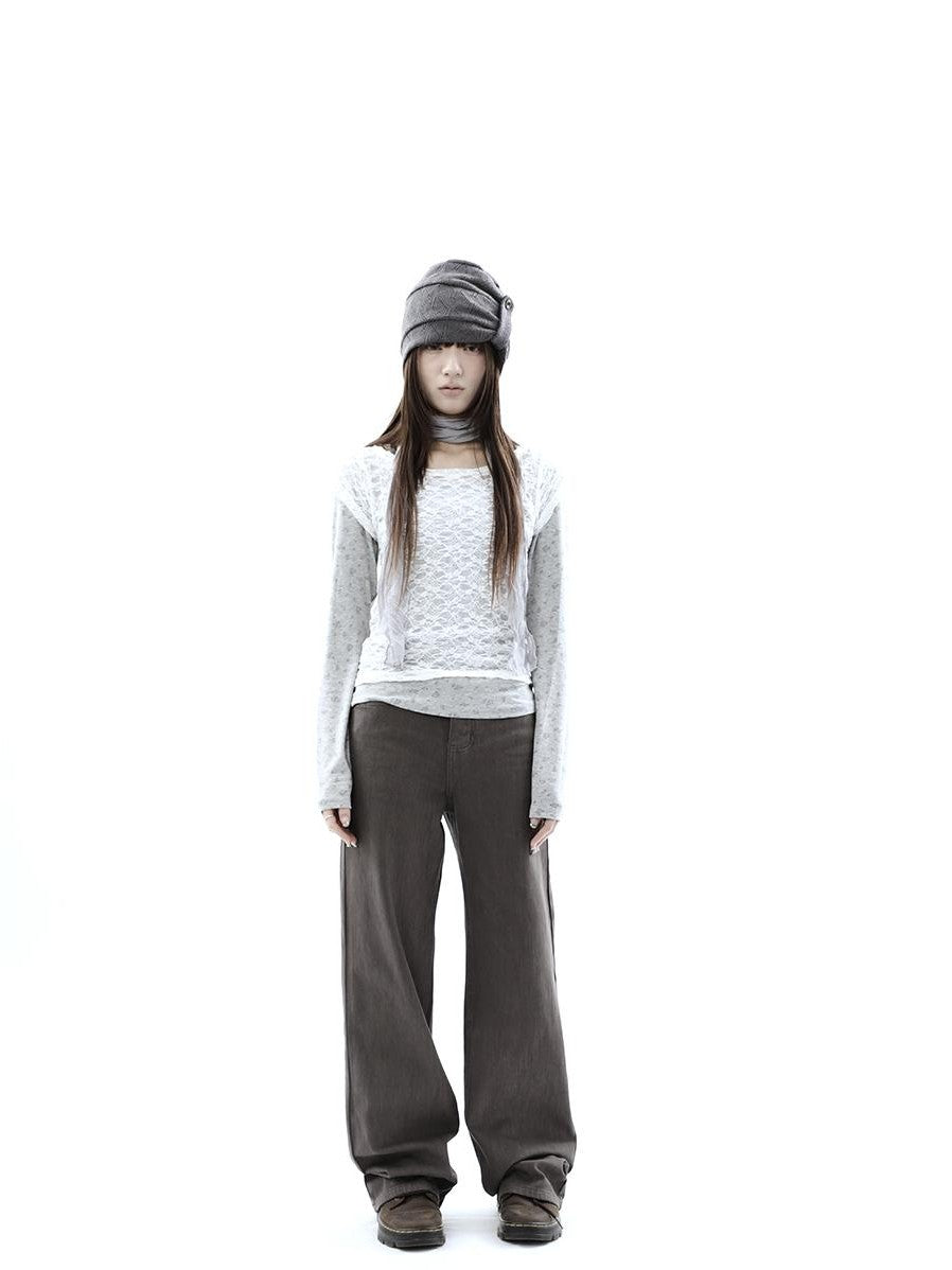 ang project Korean Lace Sheer Layered Cropped Slim Fit Women&