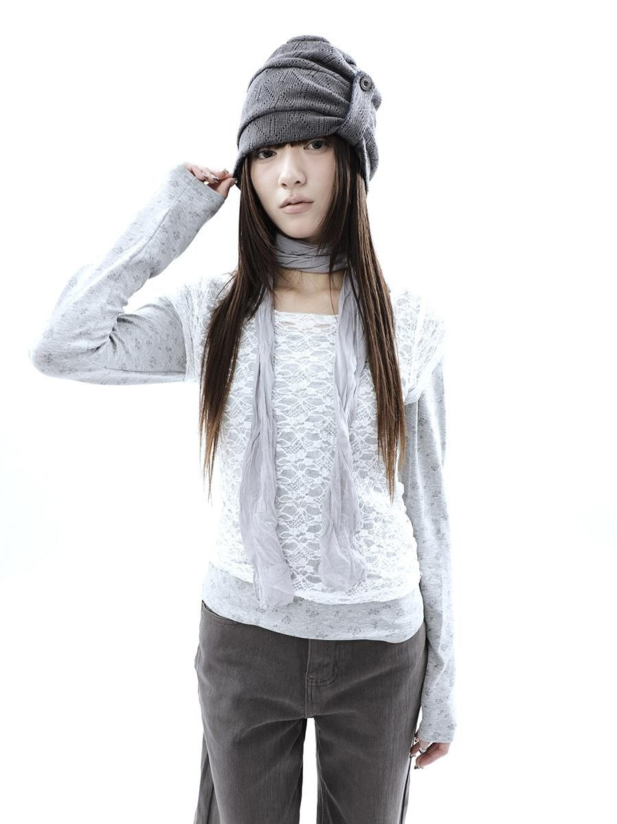 ang project Korean Lace Sheer Layered Cropped Slim Fit Women&