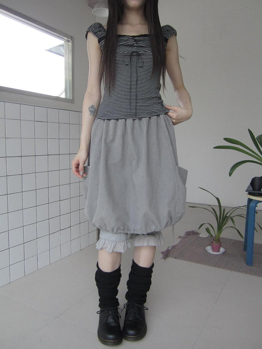 ang project Korean Large Pockets Drawstring Elastic Waist Bubble Women&