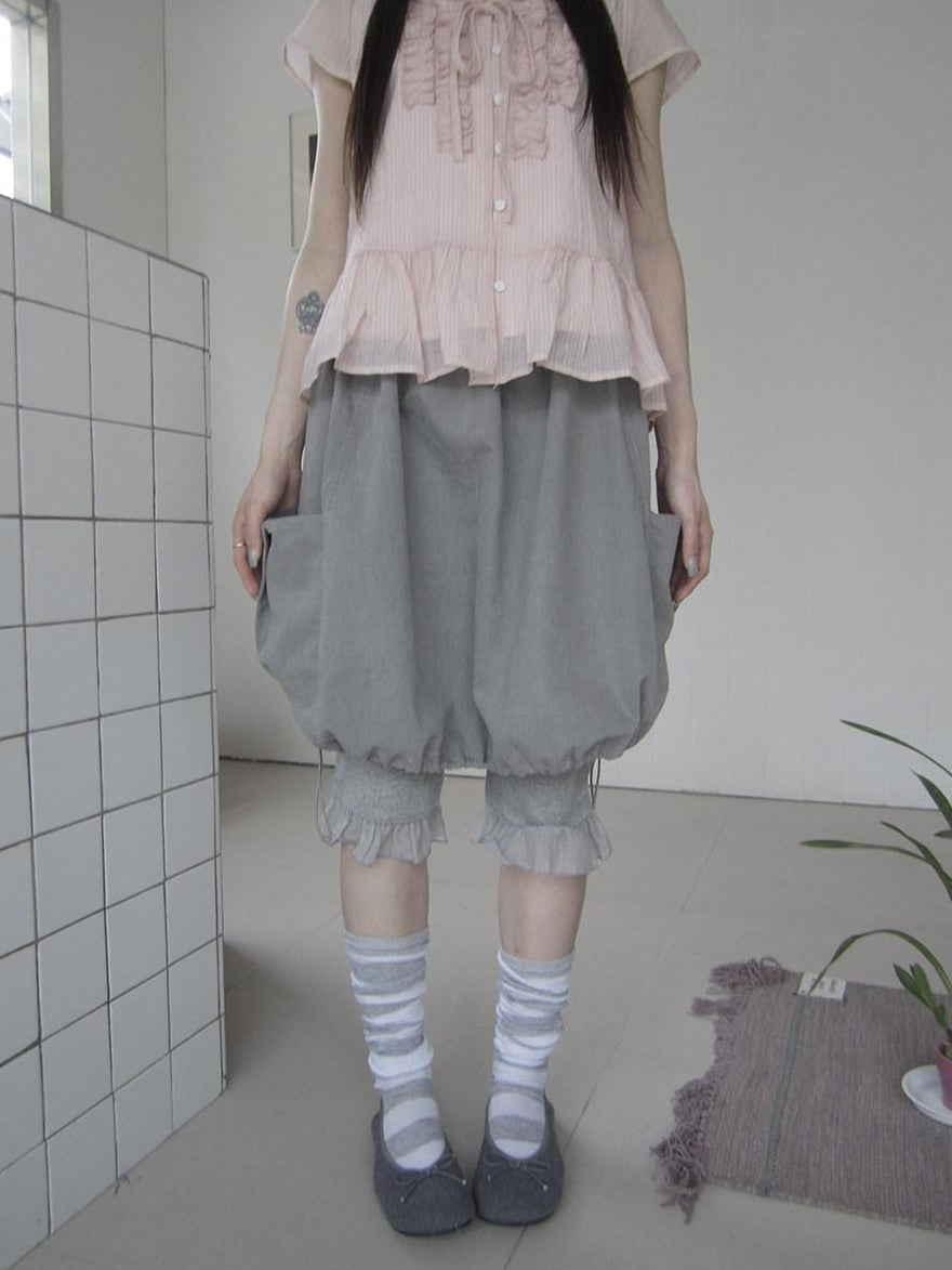 ang project Korean Large Pockets Drawstring Elastic Waist Bubble Women&