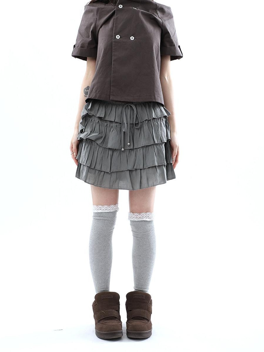 ang project Korean Pleated Drawstring Elastic Waist Puff Cake Women&