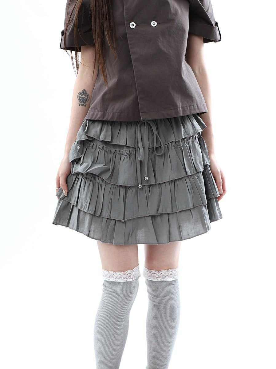 ang project Korean Pleated Drawstring Elastic Waist Puff Cake Women&