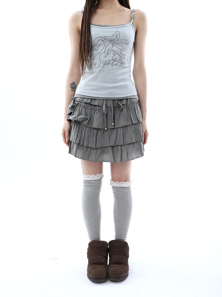 ang project Korean Pleated Drawstring Elastic Waist Puff Cake Women&
