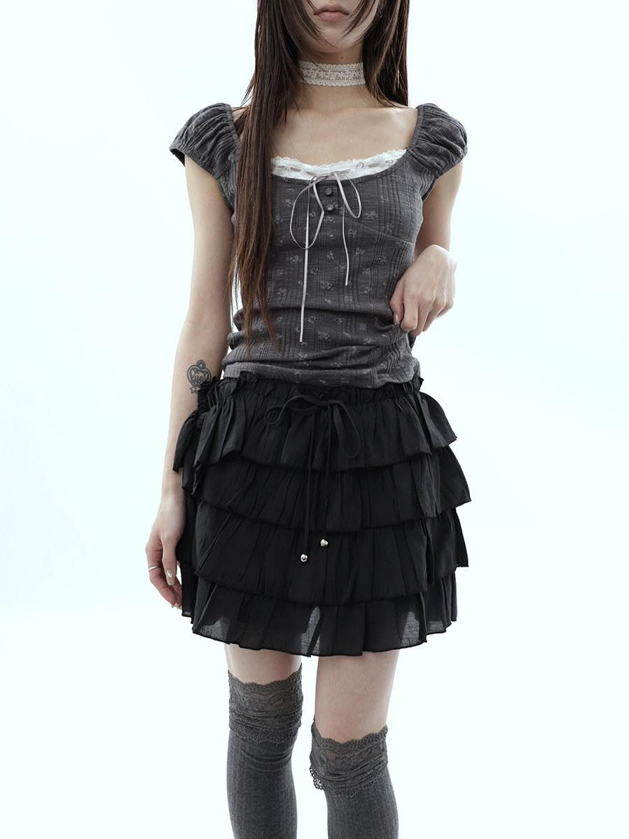 ang project Korean Pleated Drawstring Elastic Waist Puff Cake Women&
