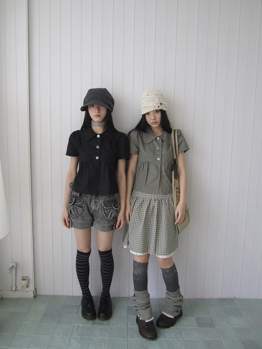 ang project Korean Pleated Three Button Collared Short Sleeve Cropped Women&