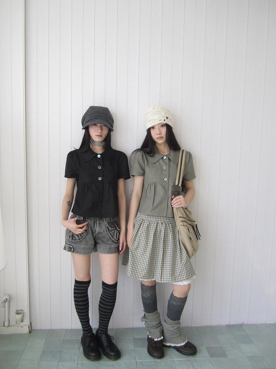 ang project Korean Pleated Three Button Collared Short Sleeve Cropped Women&
